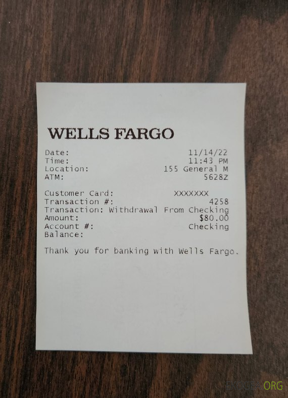 Reçu Wells Fargo aux États Unis